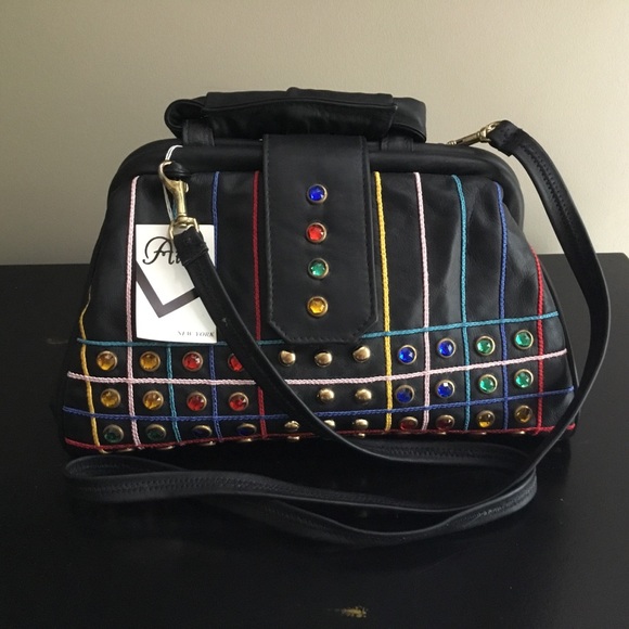 NWT ATALLA black leather Rhinestone crossbody bag